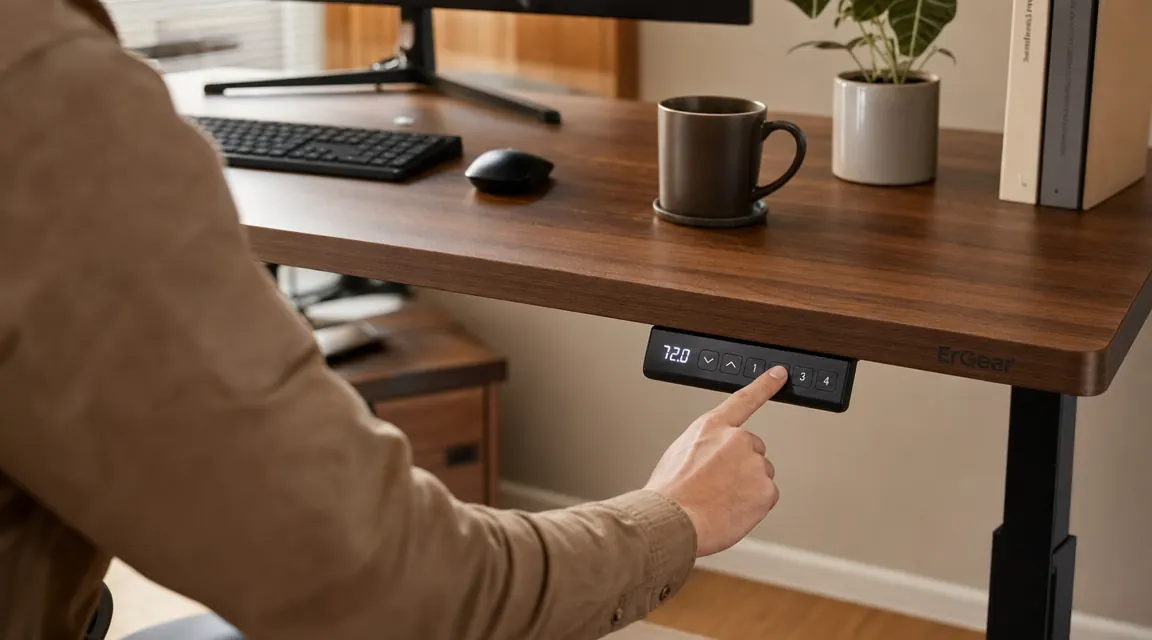 Close-up of ErGear standing desk control panel with memory preset buttons being pressed