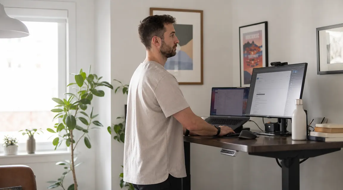 Home office with an electric standing desk raised to standing height, bright natural light from a window