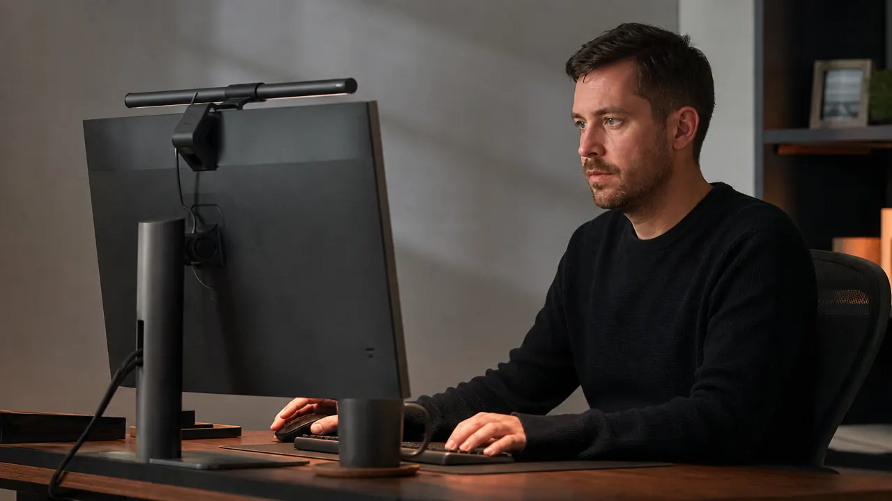 BenQ ScreenBar monitor light bar mounted on top of a monitor in a clean home office, warm ambient light falling on the desk surface below the screen