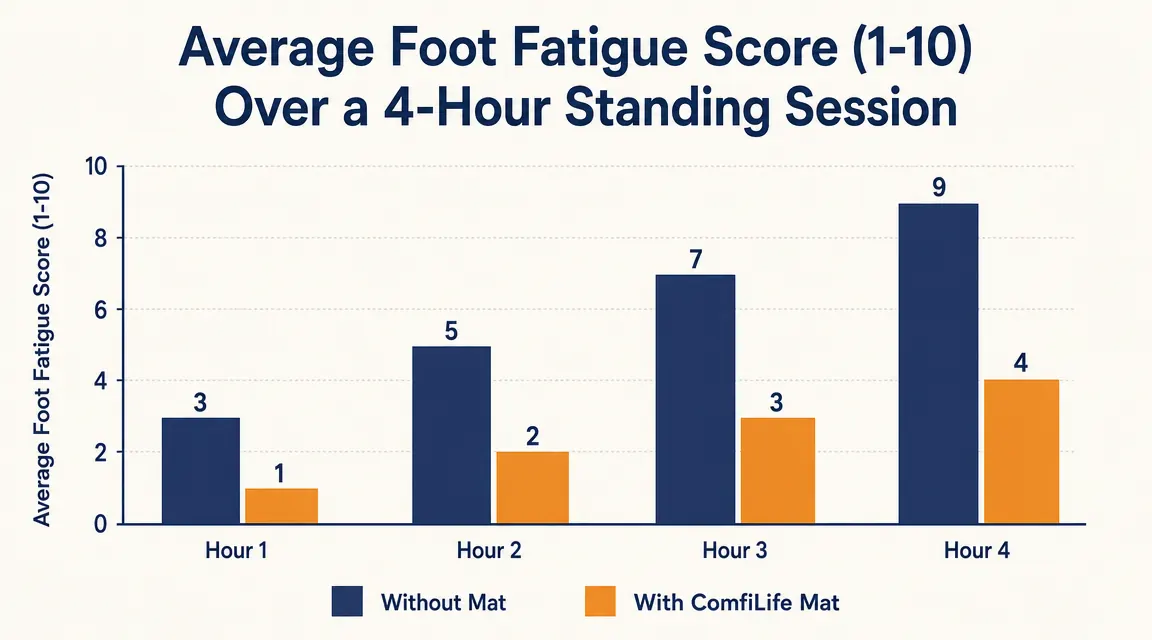 Chart comparing foot fatigue over a 4-hour standing session with and without an anti-fatigue mat