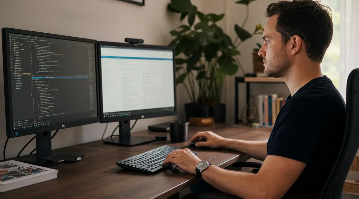 Remote worker at a home office desk with dual monitors, looking focused and productive