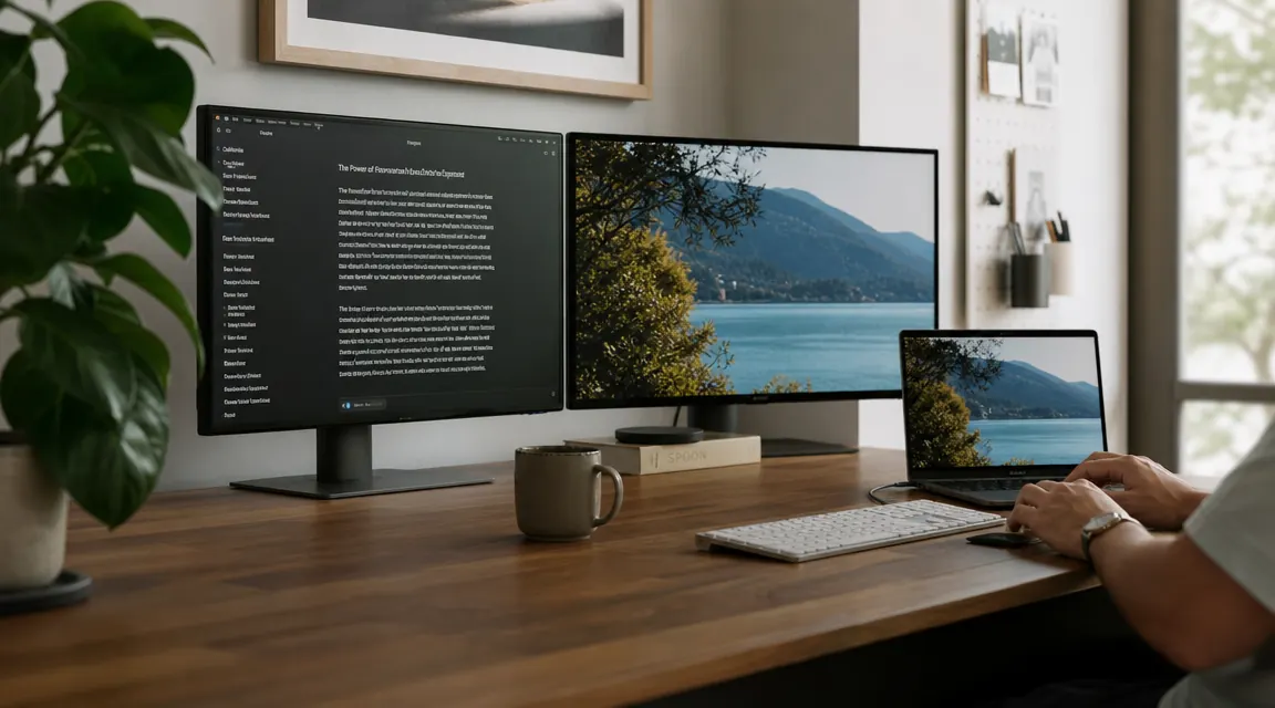 Clean home office desk with a laptop connected to dual monitors through a single USB-C cable on a tidy wooden desk