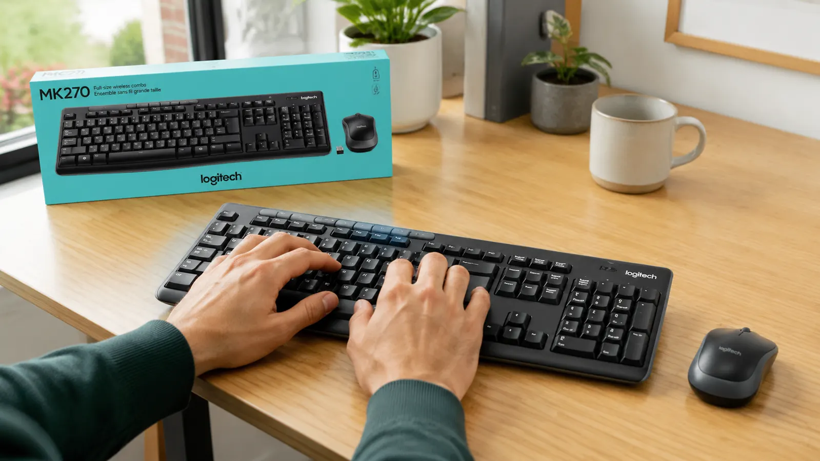 Person typing on the Logitech MK270 wireless keyboard at a standing desk with no cables on the surface