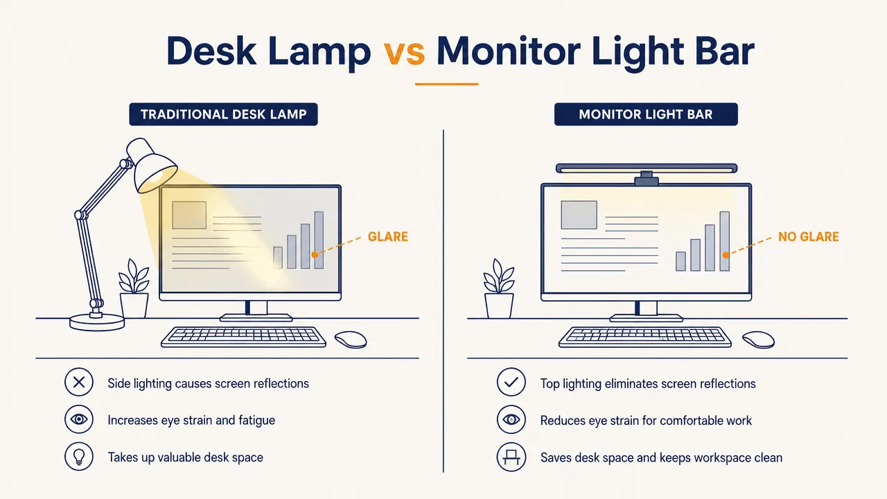 Side-by-side comparison showing a desk with a traditional side lamp creating screen glare versus a monitor light bar with no visible glare