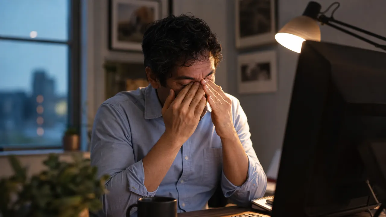Person at home office desk in early evening light, rubbing their eyes, a bright angled desk lamp visible to the side of the monitor