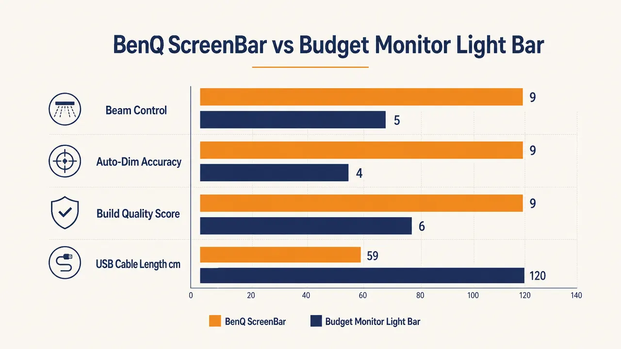 Side-by-side comparison chart showing BenQ ScreenBar versus a budget monitor light bar on four criteria: beam control, auto-dim accuracy, build quality score, and USB cable length