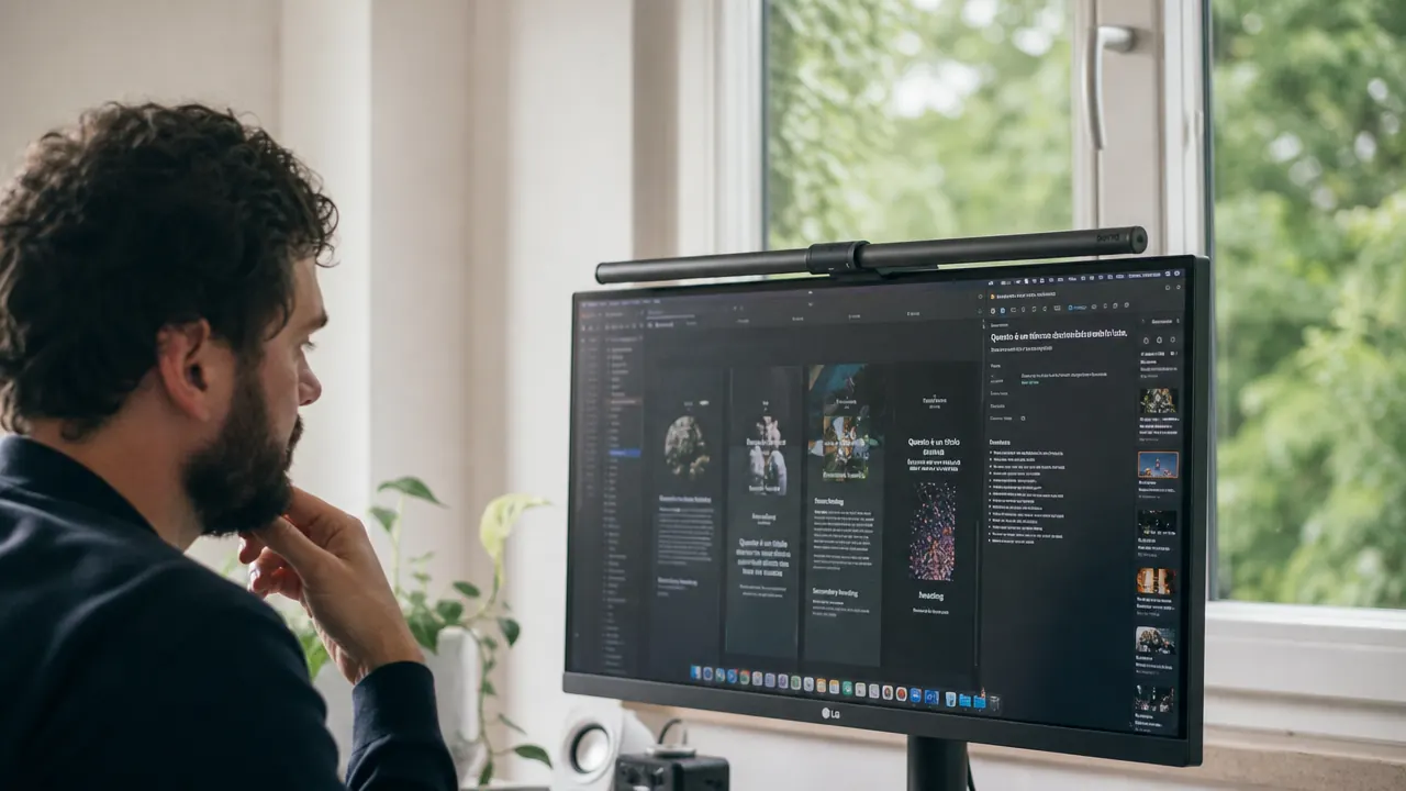 BenQ ScreenBar sitting on a monitor with a sticky note reading '$109?' propped against the desk, daylight home office, honest questioning mood
