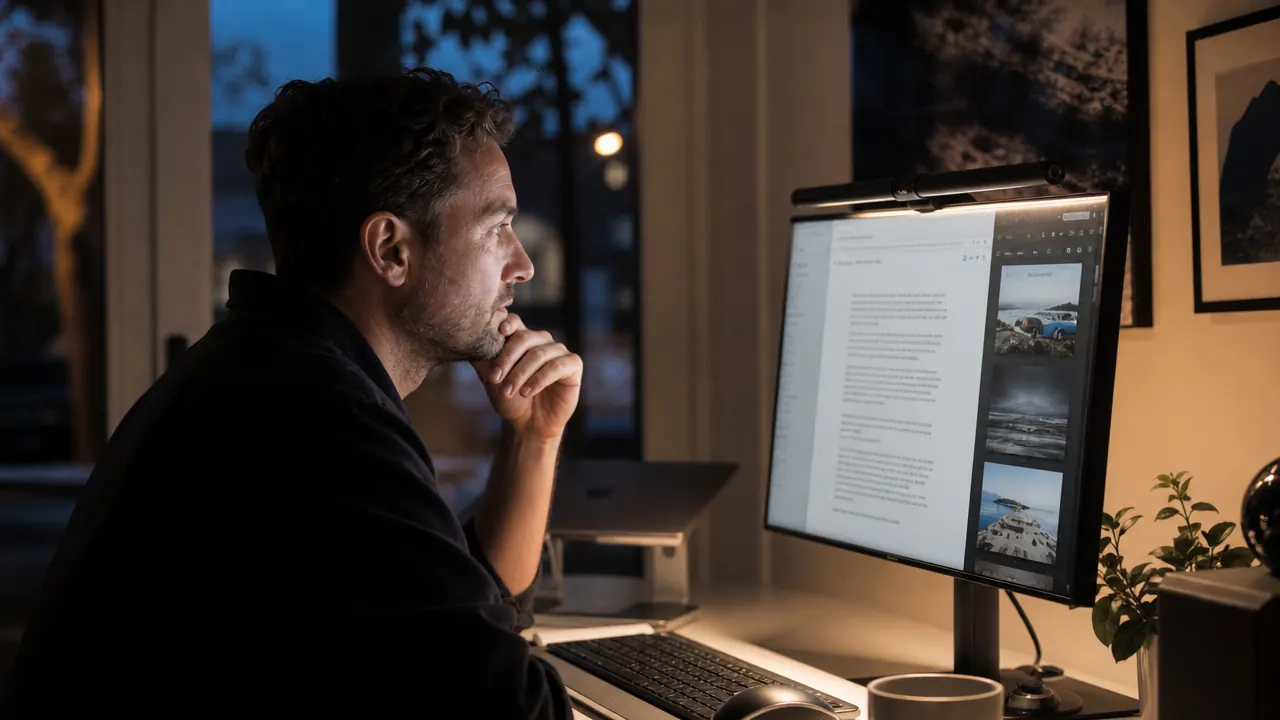 BenQ ScreenBar mounted on top of a monitor illuminating a tidy home office desk at dusk, warm ambient light, keyboard and coffee mug visible