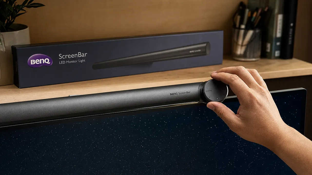 Hand adjusting the touch-sensitive dial on the BenQ ScreenBar while sitting at a desk