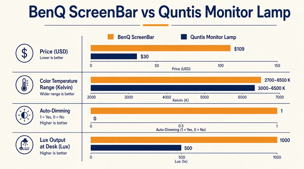 Side-by-side chart comparing BenQ ScreenBar and Quntis monitor lamp on key specs including price, color temperature range, auto-dimming, and lux output