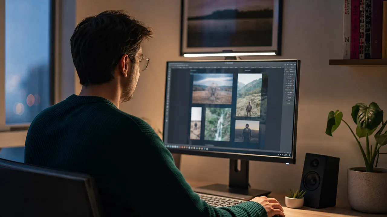 Home office monitor showing no screen glare or reflection from the mounted light bar above it