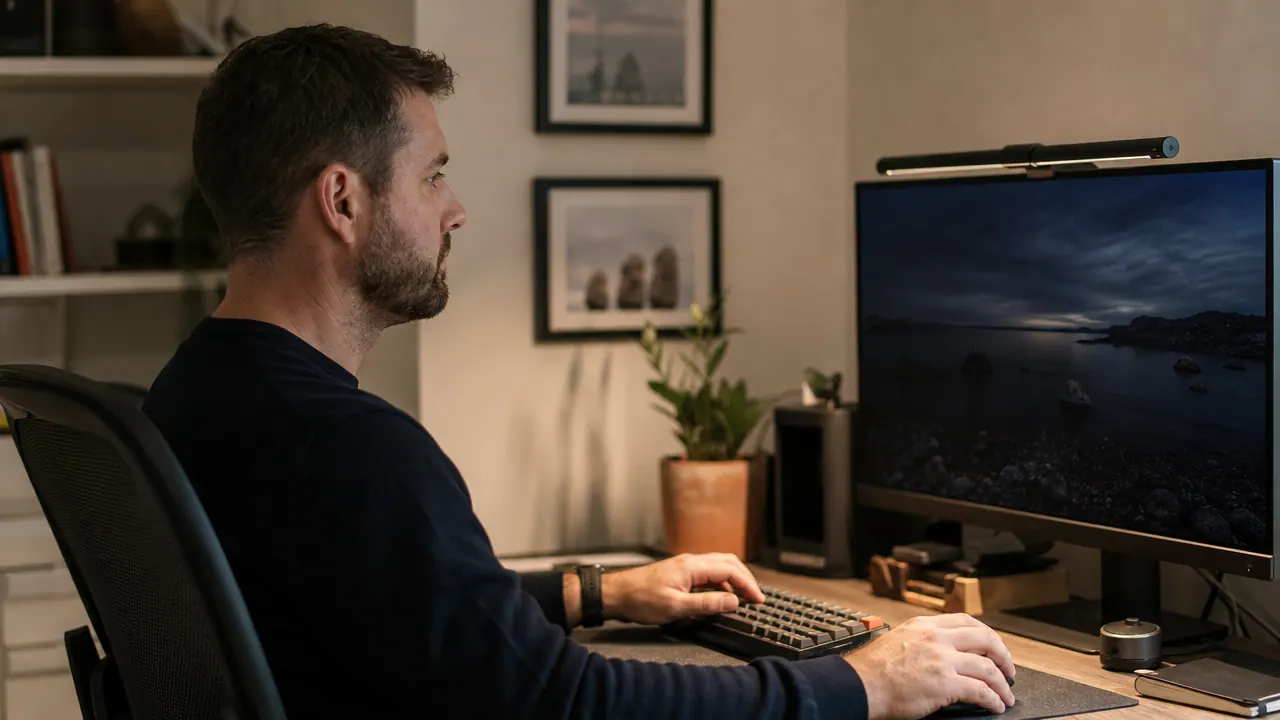 BenQ ScreenBar mounted on a monitor in a tidy home office, casting warm light on a keyboard and desk without any glare on the screen