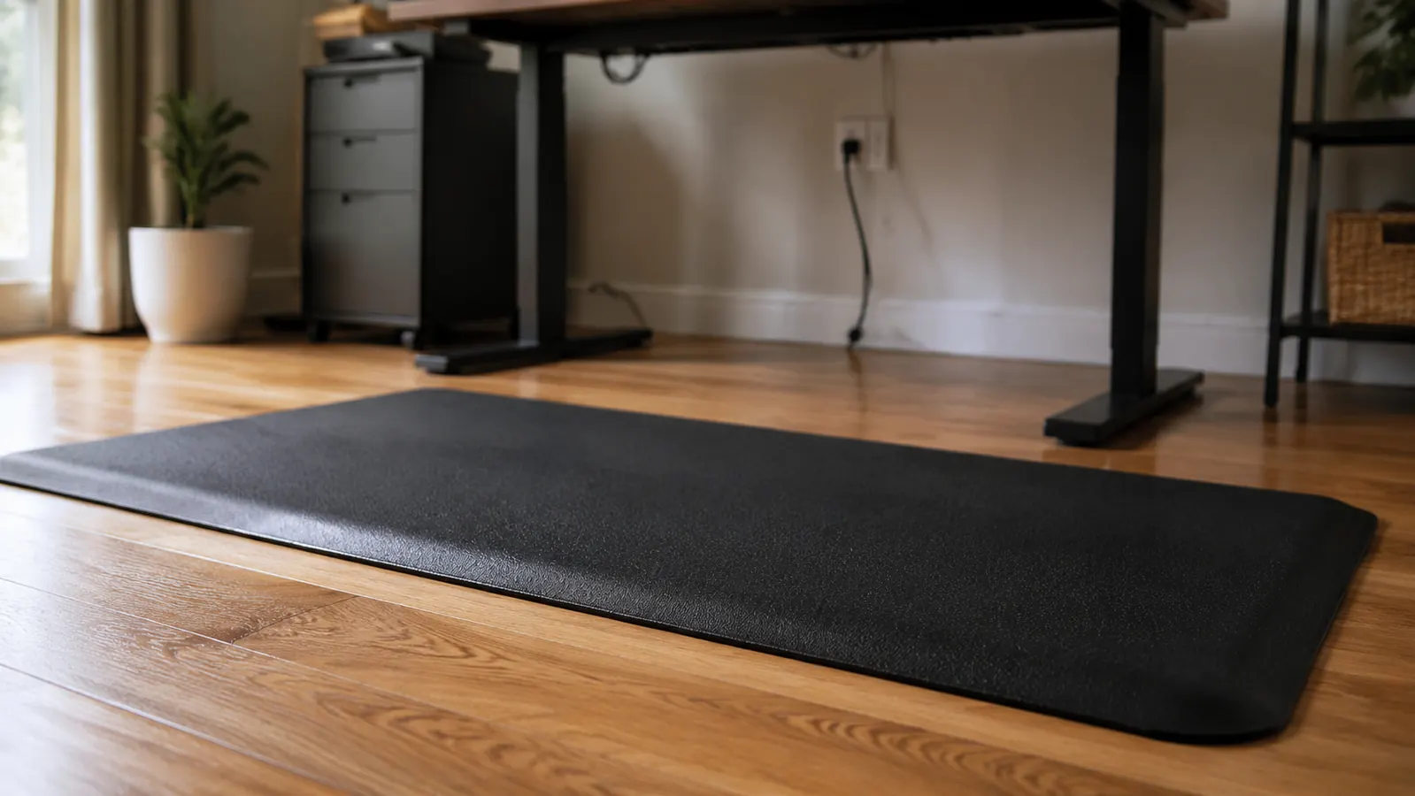 Black anti-fatigue mat on hardwood floor in a home office, seen from a low angle with standing desk legs in background