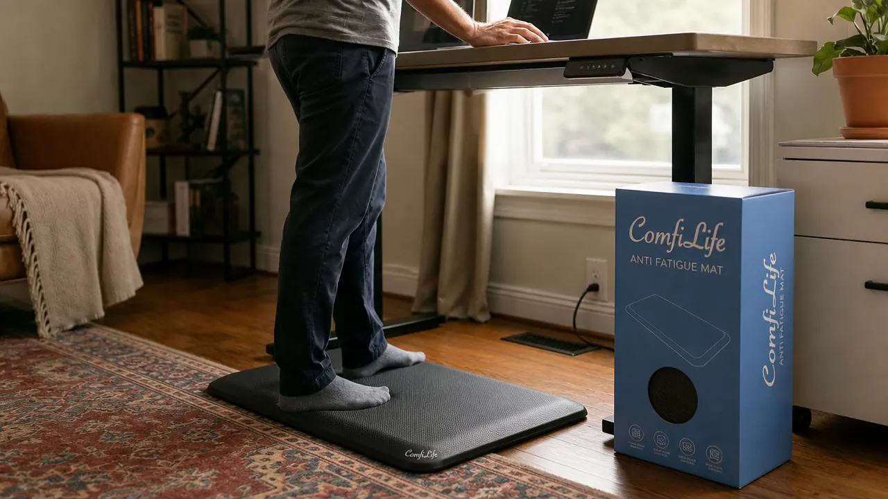 Person standing on the ComfiLife mat at a standing desk, feet in socks, side angle showing mat thickness