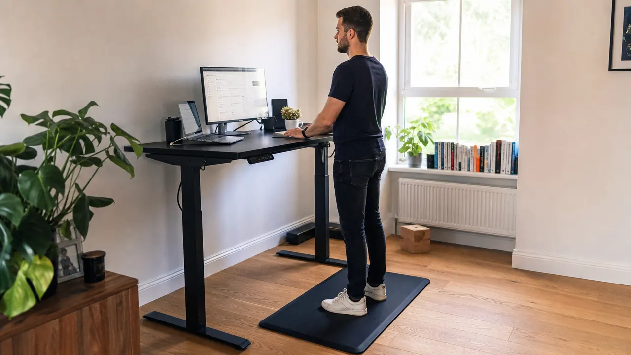 Black anti-fatigue mat in front of a standing desk in a bright home office, morning light through a window