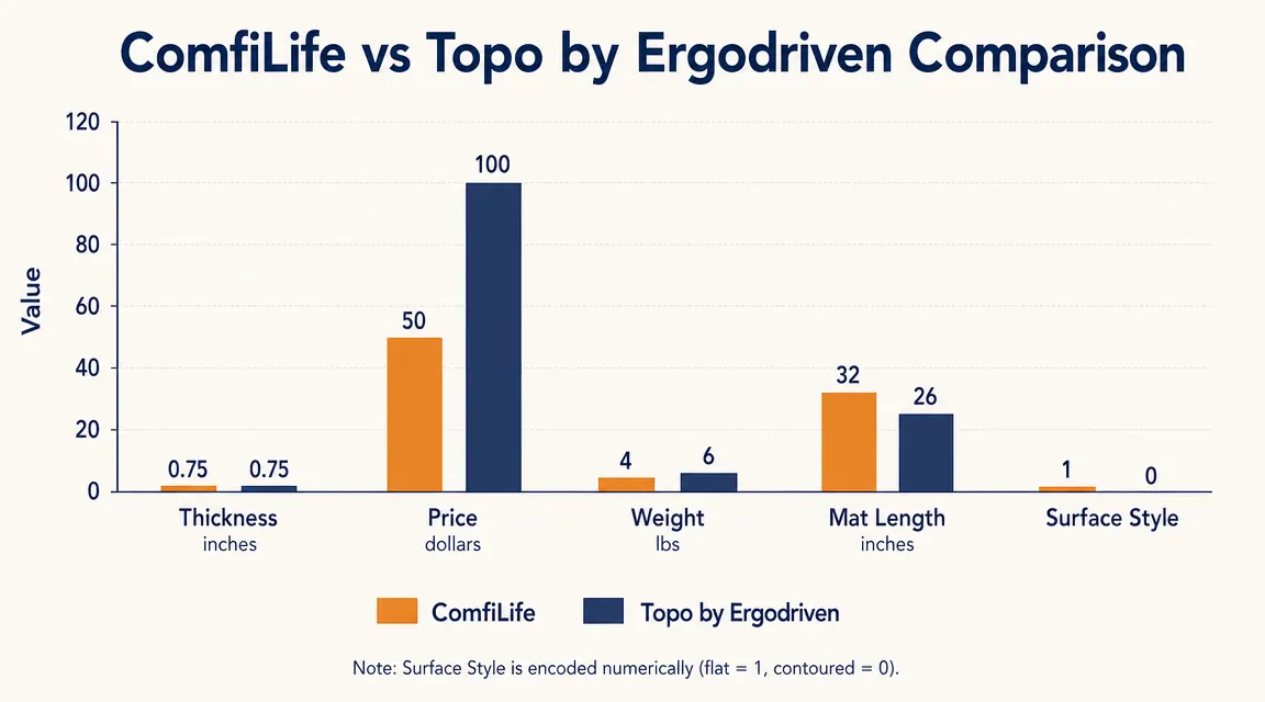 Chart comparing ComfiLife and Topo by Ergodriven on thickness, price, weight capacity, mat dimensions, and surface style