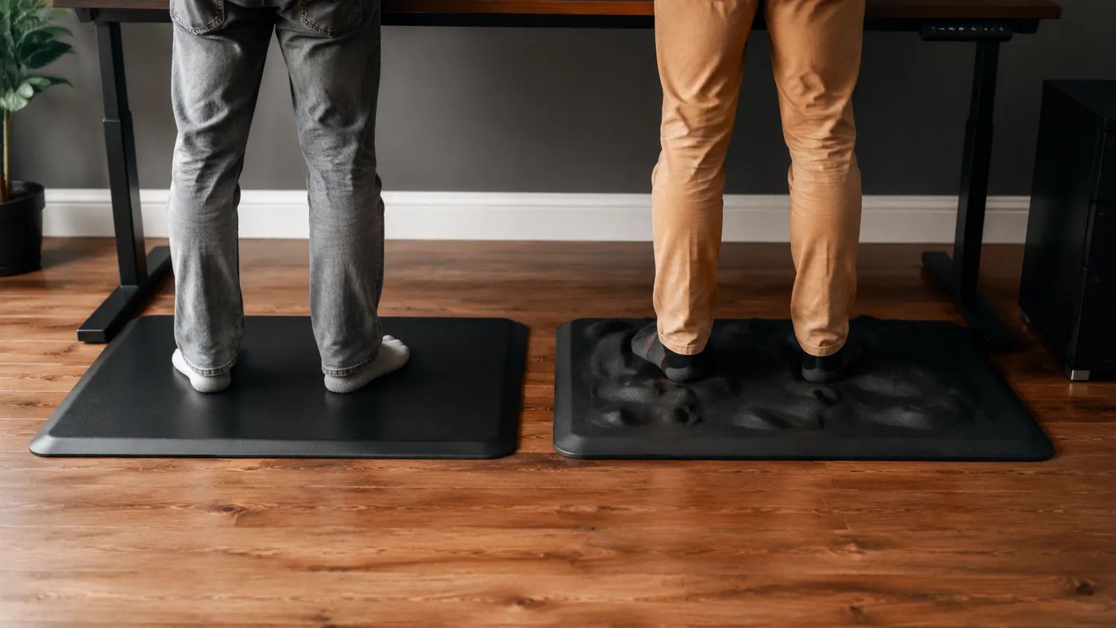 Two anti-fatigue mats side by side on a hardwood floor beneath a standing desk, one flat black mat and one contoured terrain-style mat