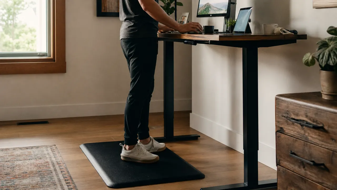 Home office standing desk area with a thick black anti-fatigue mat on a hardwood floor, warm morning light through a window