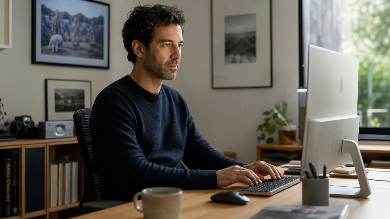 Person standing at a home office desk in the afternoon, looking focused and comfortable with good posture
