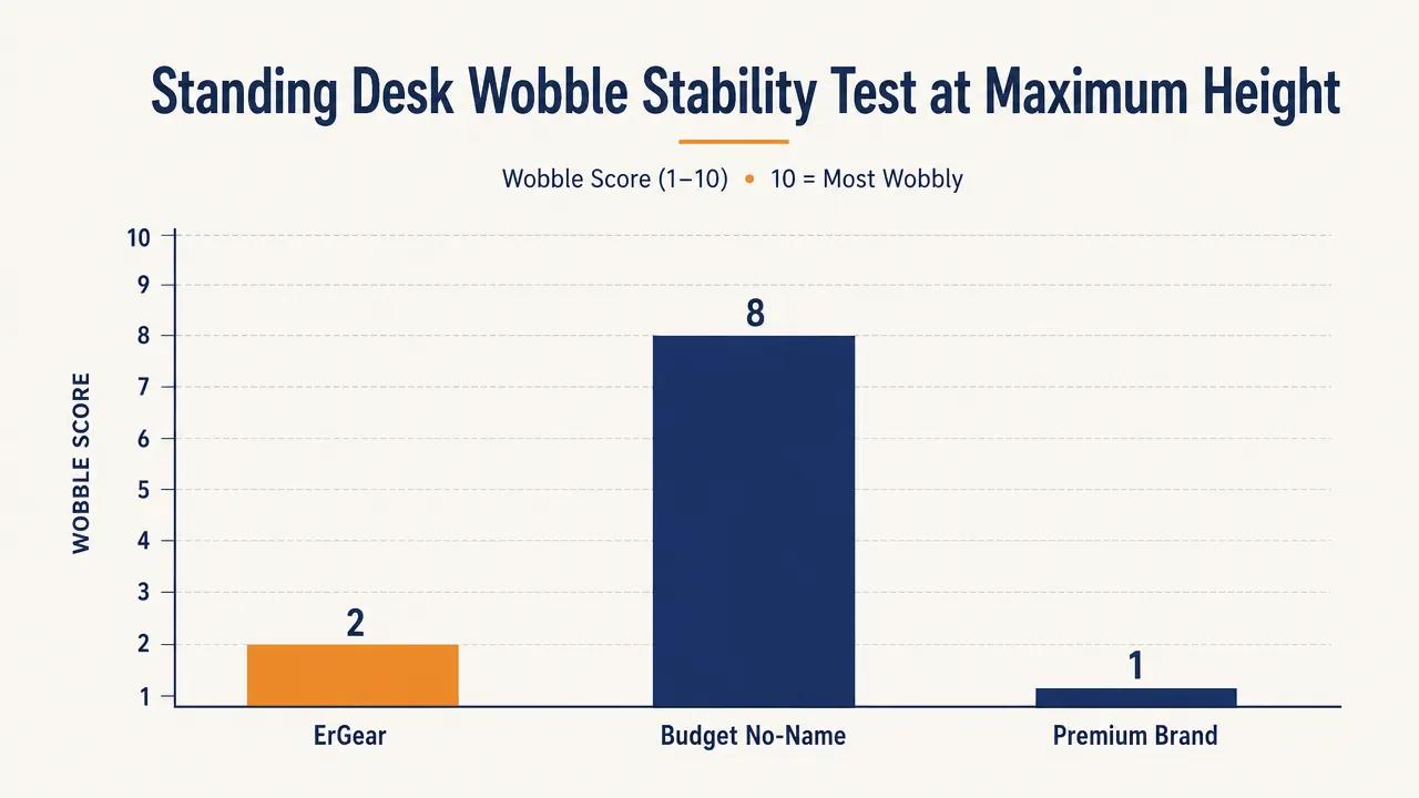 Chart comparing wobble stability of three standing desks at maximum height: ErGear, a budget no-name, and a premium brand