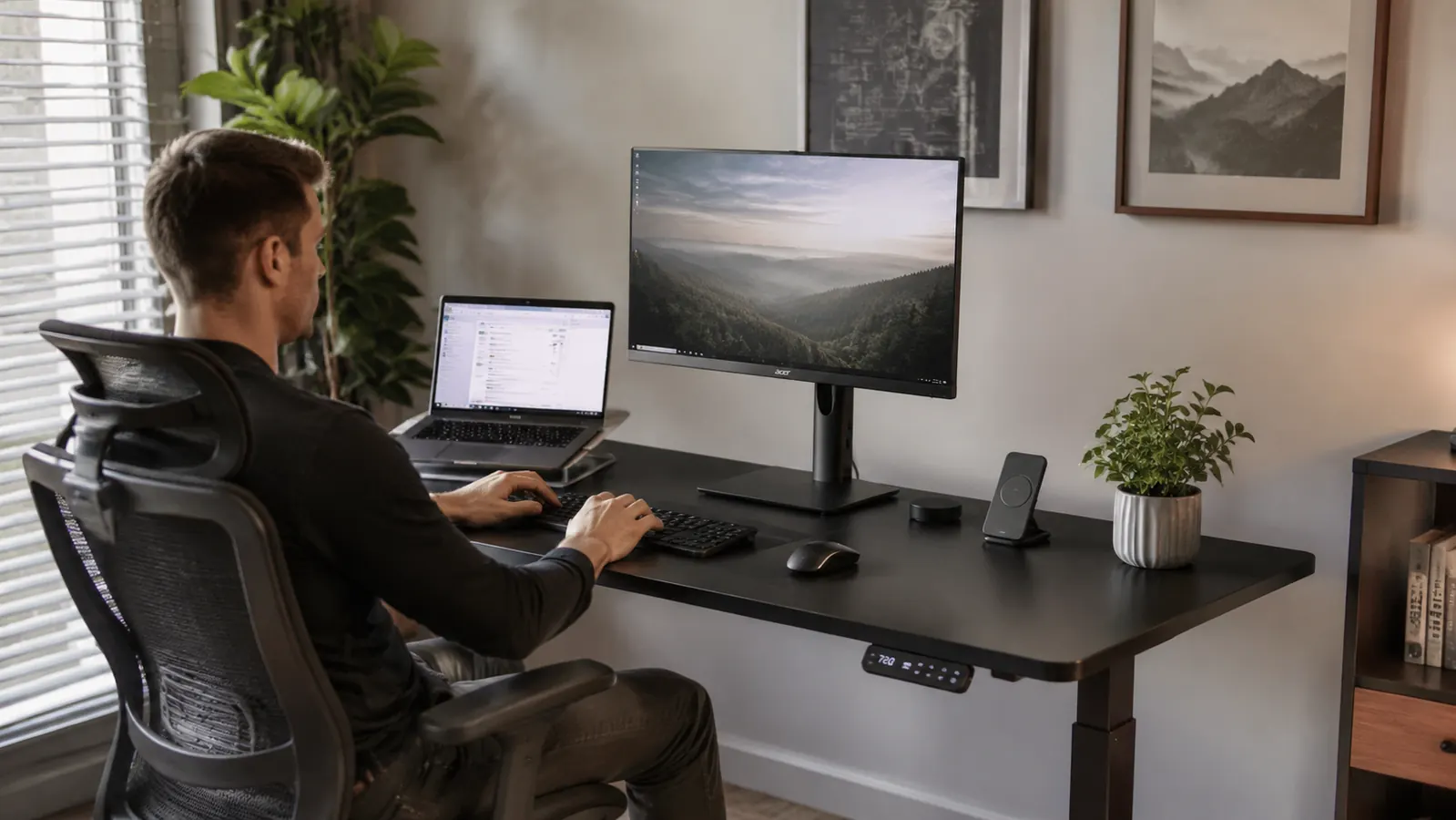 ErGear 48-inch electric standing desk set up in a home office with a laptop, monitor, and minimal clutter on the black surface