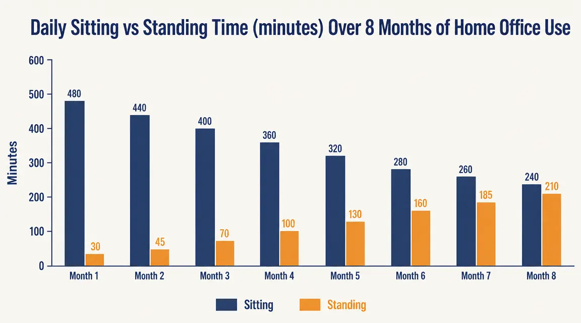 Chart showing daily sitting versus standing time tracked over 8 months of home office use