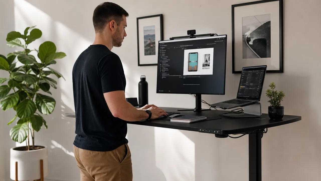 Home office desk setup with a black electric standing desk at standing height, monitor, laptop, and a clean white wall in morning light