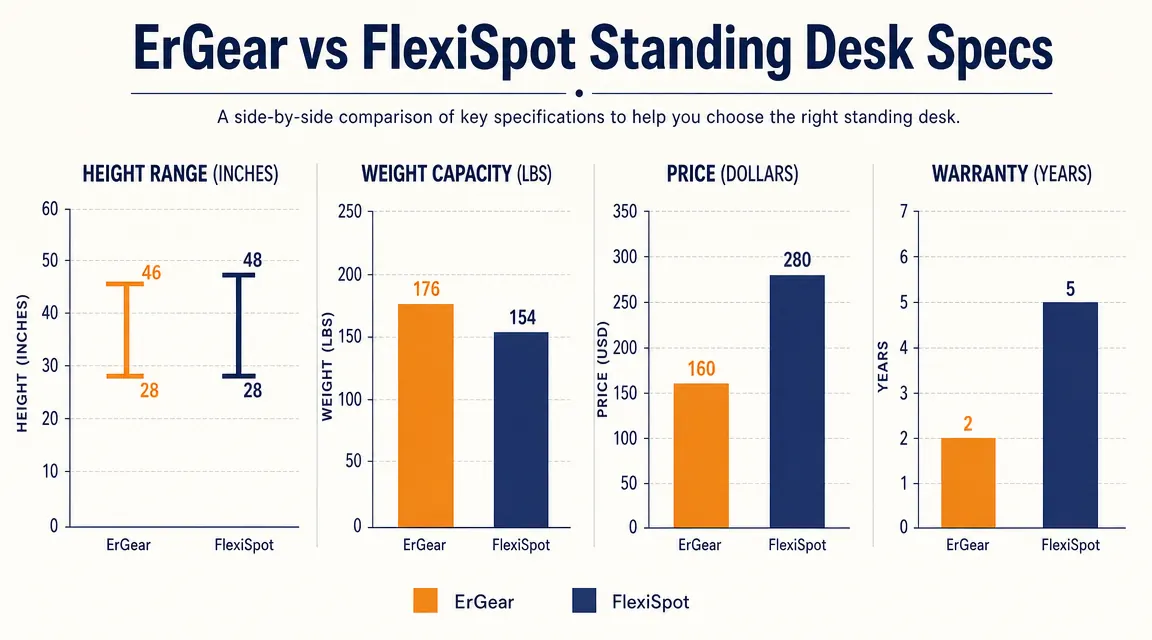 Comparison chart showing ErGear vs FlexiSpot specs including height range, weight capacity, price, and warranty