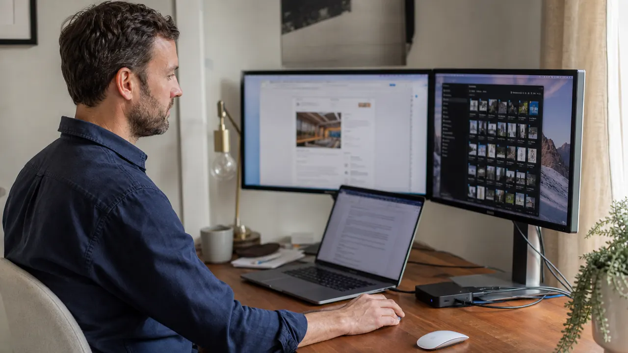 Clean home office desk with a laptop connected to two external monitors via a small docking station, cable running neatly to the side