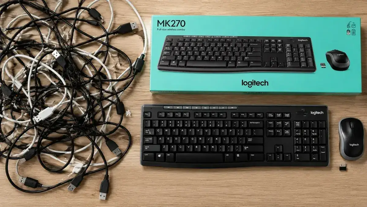 Logitech MK270 wireless keyboard and mouse combo next to a tangled pile of wired cables, showing the contrast