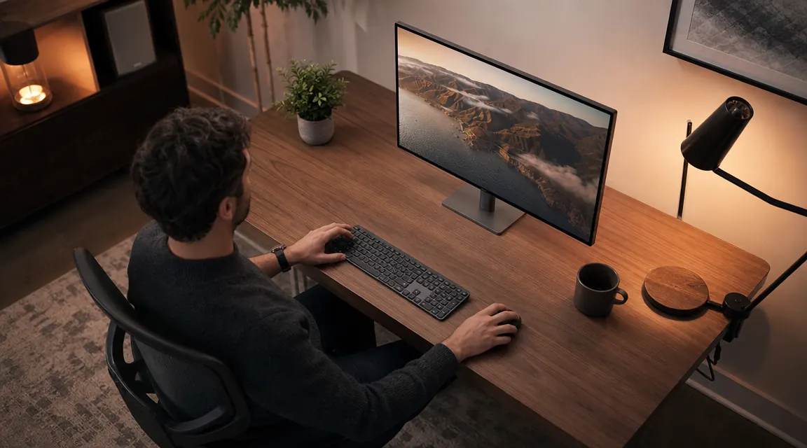 Finished desk setup with wireless keyboard, mouse, and monitor, viewed from slightly above