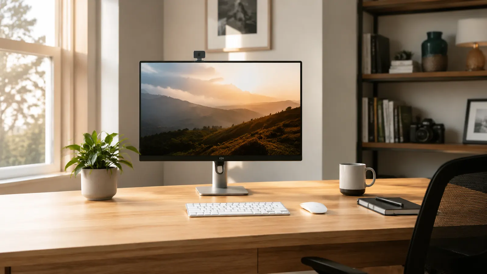 Clean home office desk with a wireless keyboard and mouse, no cable clutter, minimal setup