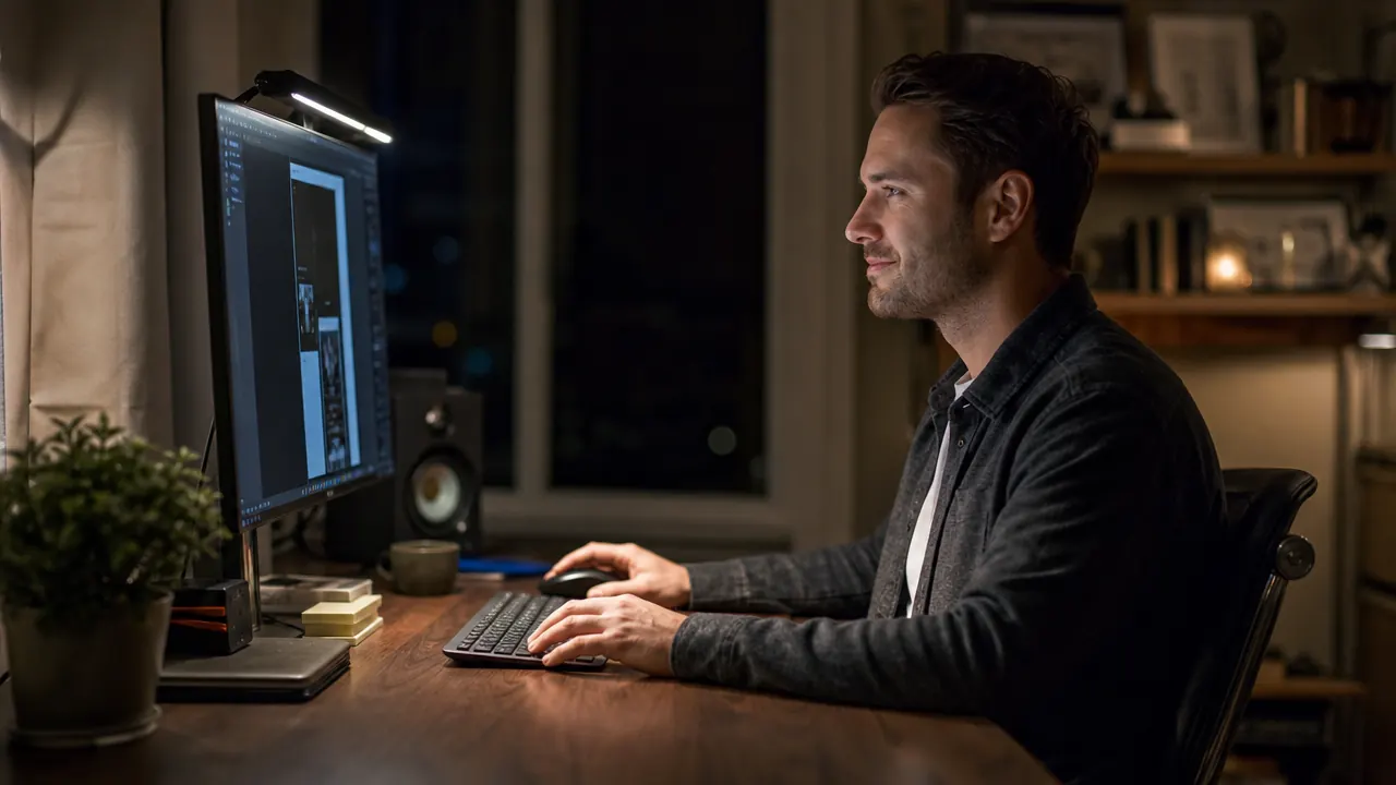 Person working comfortably at a home office desk at night with a monitor light bar providing focused task lighting, face relaxed with no squinting