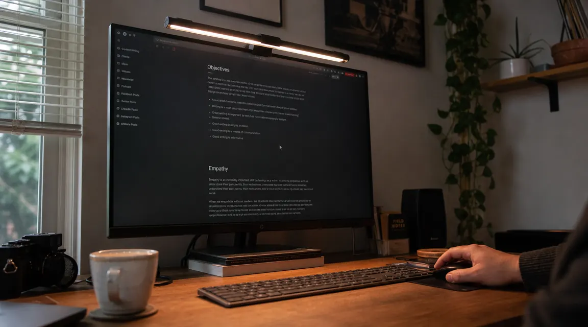 Home office desk with a monitor light bar mounted on the top edge of the screen, casting warm light down onto the keyboard and desk surface without shining back at the viewer