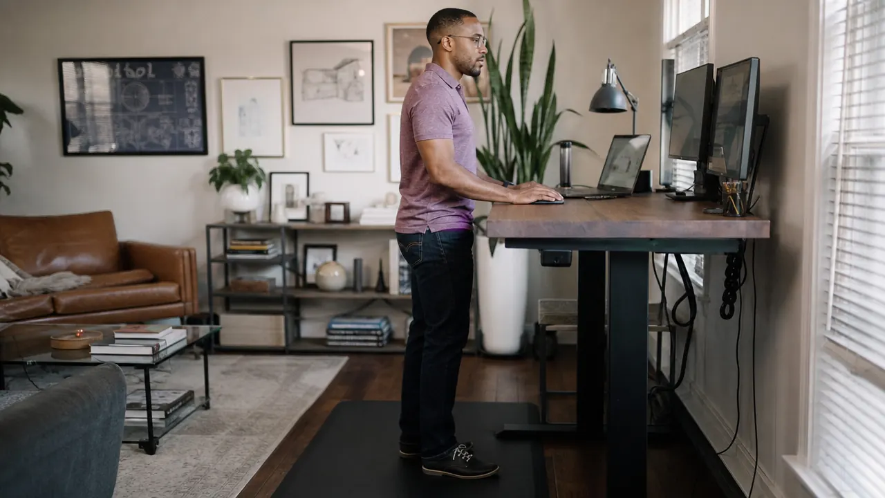 Person standing at a home office desk on a thick anti-fatigue mat, comfortable posture, bright home office setting