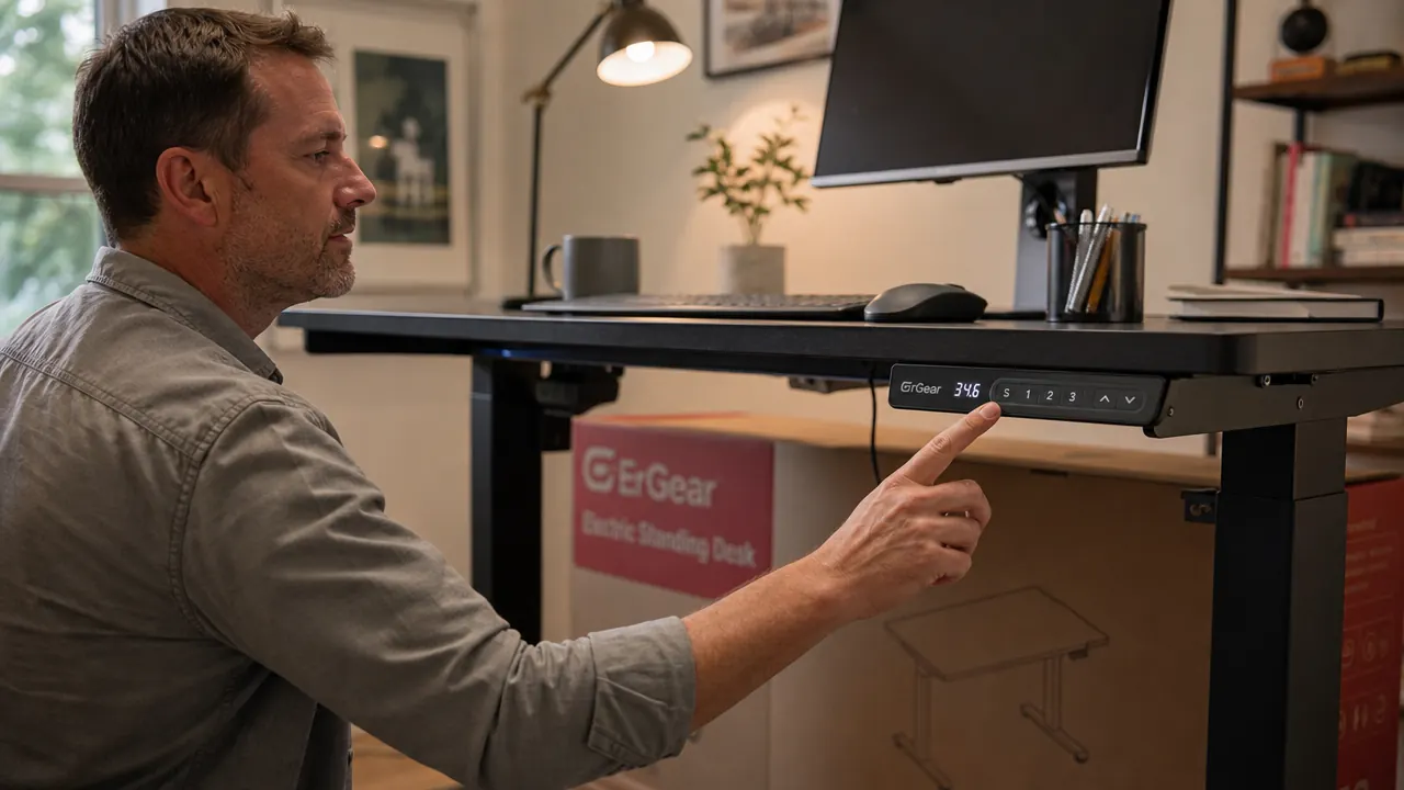Person adjusting the height of an ErGear electric standing desk using the control panel on the desk surface