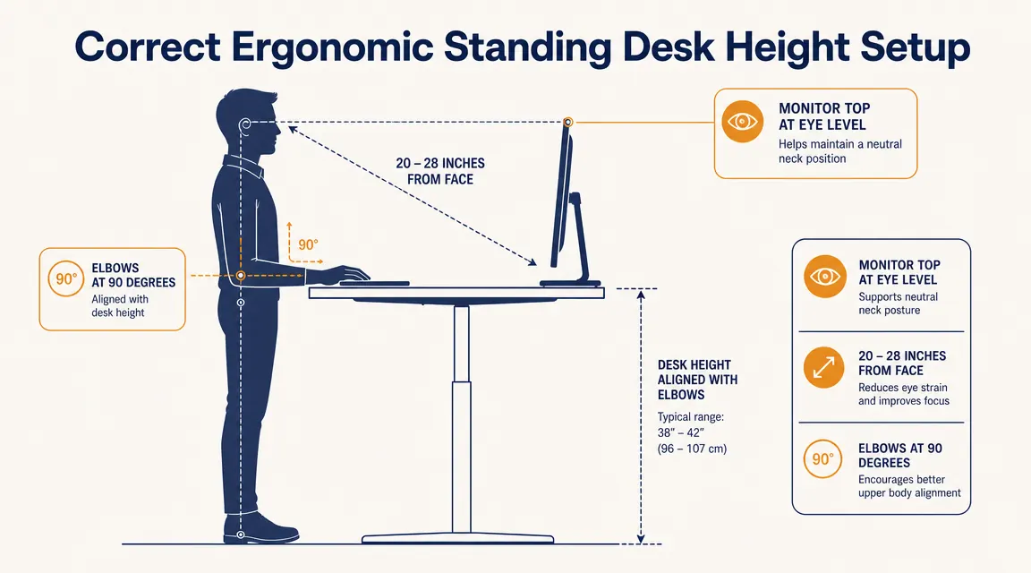 Diagram showing correct ergonomic standing desk height: elbows at 90 degrees, monitor top at eye level, screen 20 to 28 inches from face