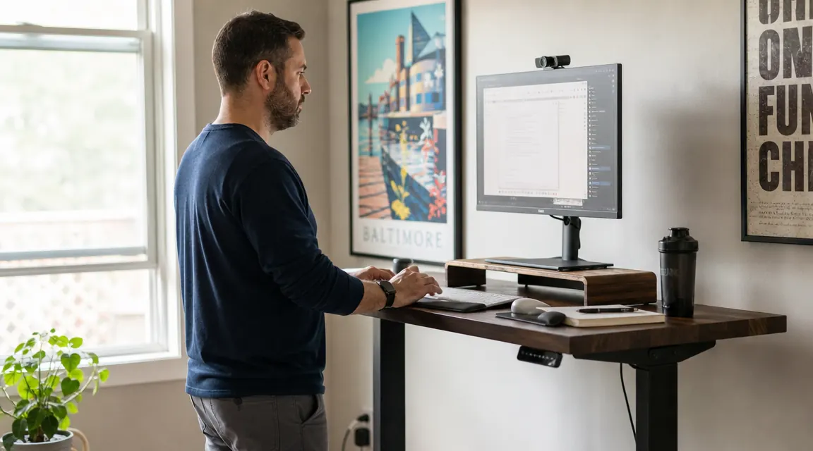 Clean home office with an electric standing desk raised to standing height, monitor at eye level, morning light coming through a window beside the desk