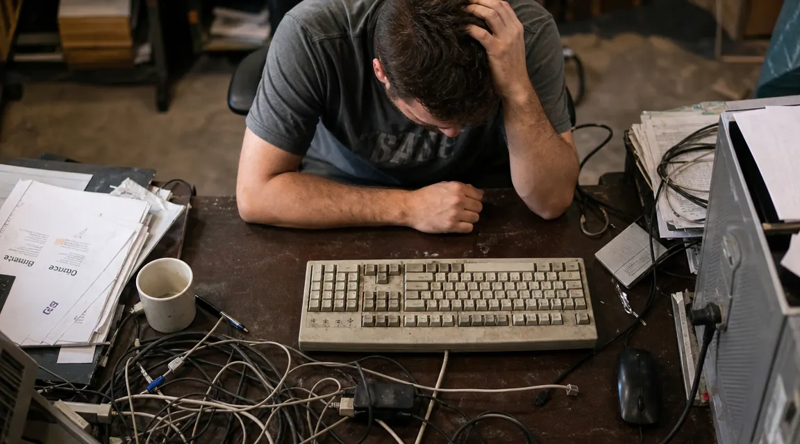 Tangle of USB cables and a worn wired keyboard on a cluttered desk surface