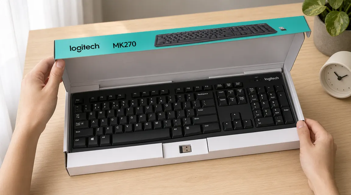 Hand unboxing the Logitech MK270 wireless keyboard and mouse combo on a wooden desk