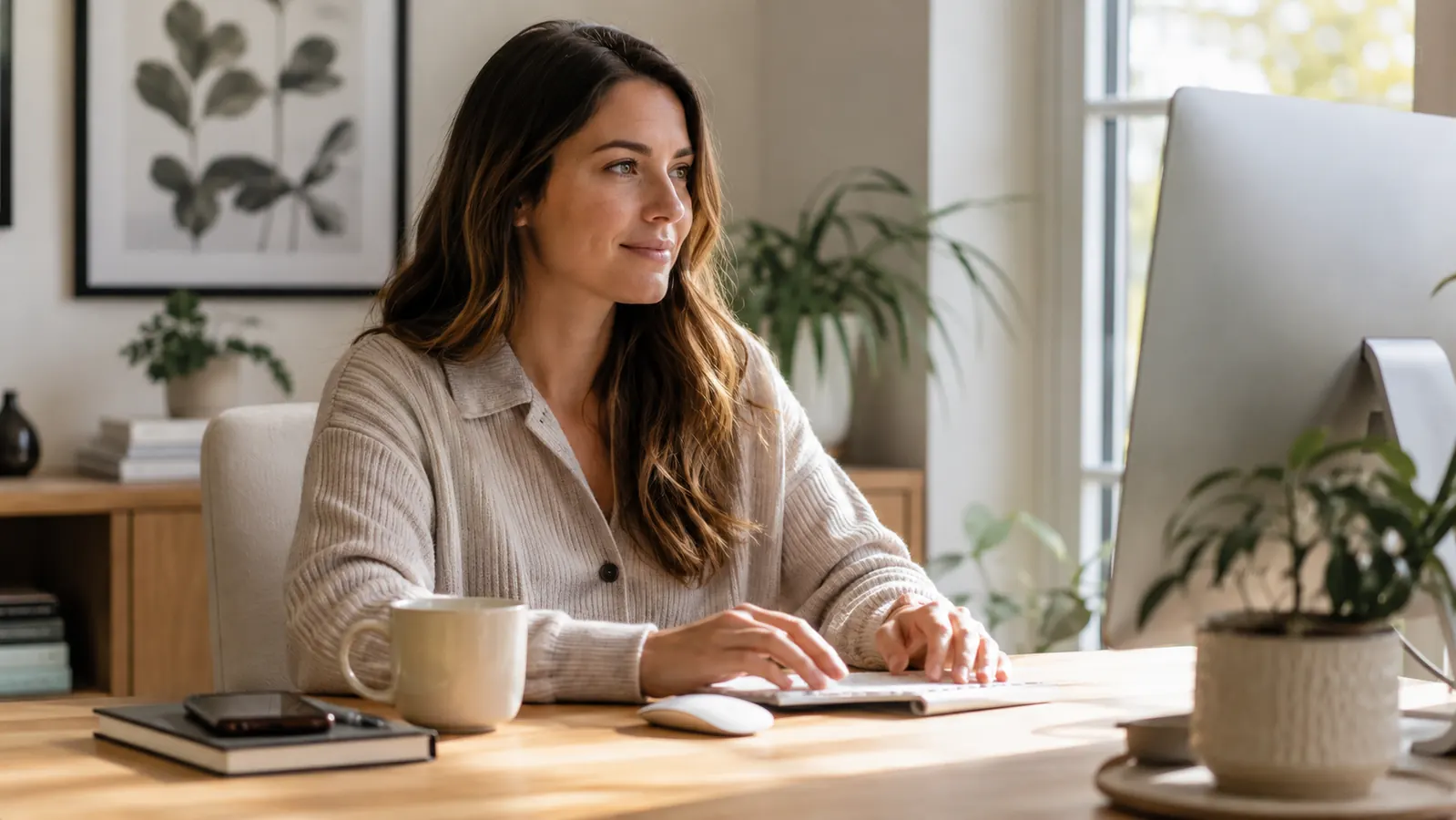 Clean, minimal home office desk with a wireless keyboard and mouse, coffee mug, and soft morning light coming through a window