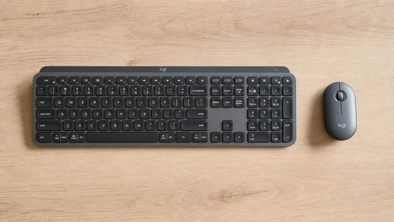Logitech MK270 wireless keyboard and mouse combo on a plain wood desk, lit by cool overhead office light, honest and unadorned