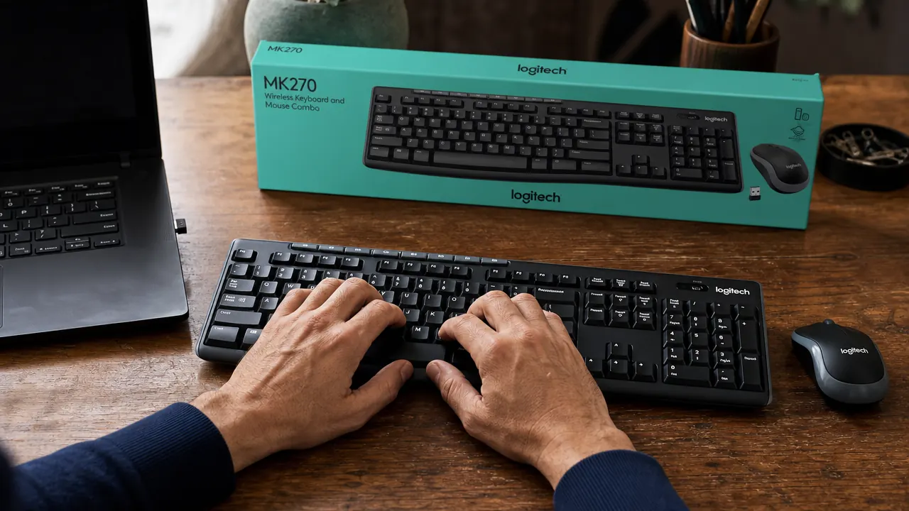 Hands typing on the Logitech MK270 wireless keyboard with the USB nano receiver plugged into a laptop port