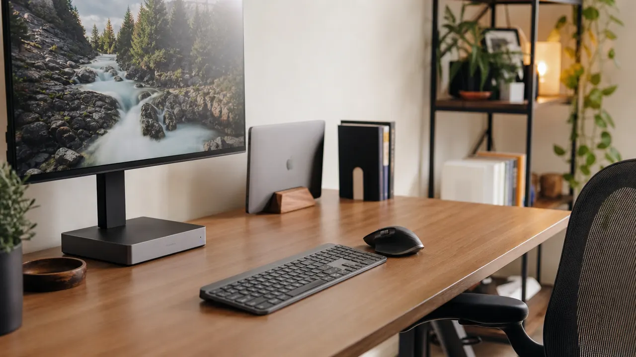 Clean home office desk corner with wireless keyboard and mouse, monitor, and a USB-C docking station, showing a cable-free desk surface