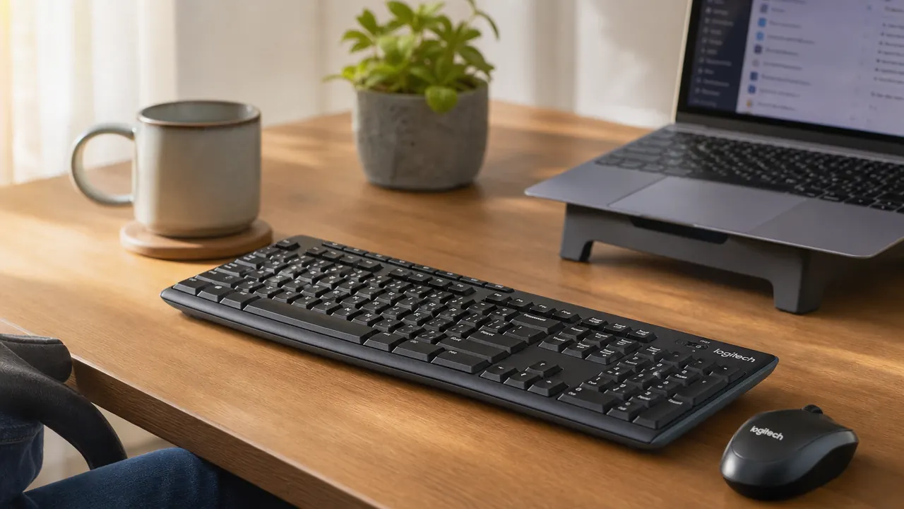 Logitech MK270 wireless keyboard and mouse on a clean home office desk with a laptop and coffee mug in soft morning light