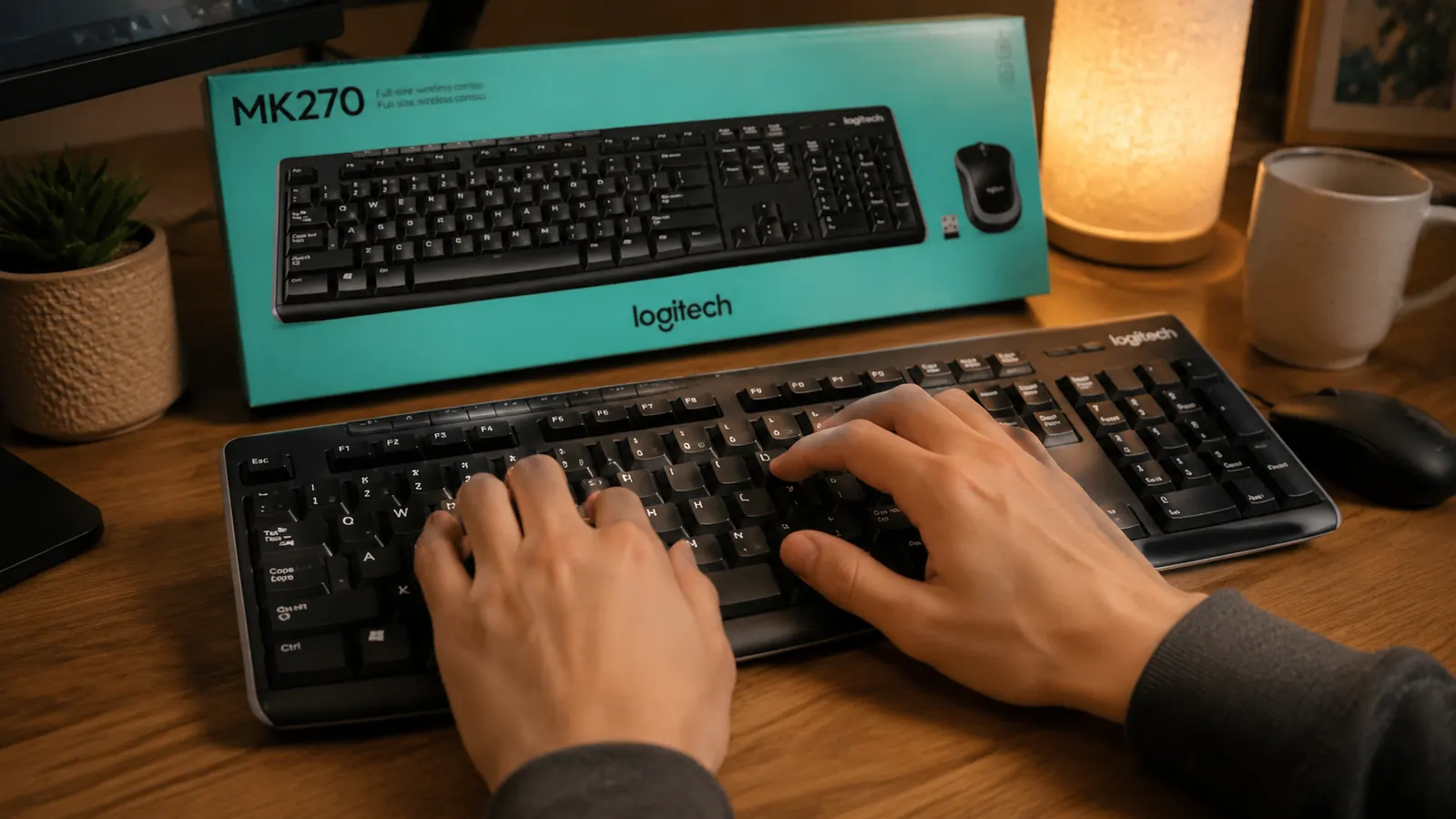 Hands typing on the Logitech MK270 keyboard at a home office workstation
