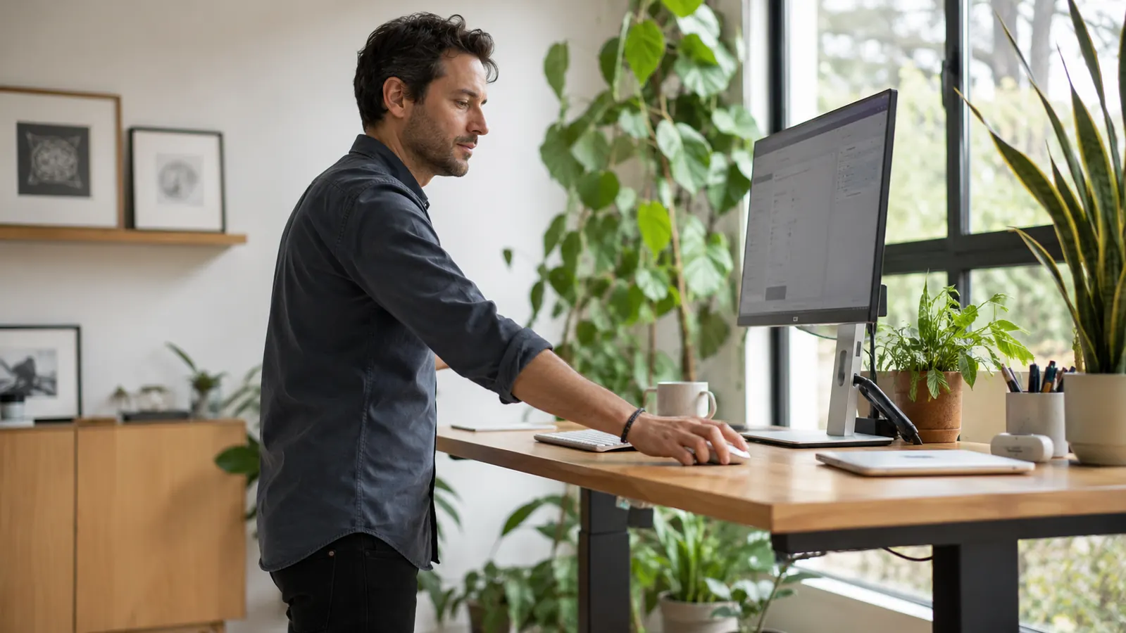 Person using a wireless mouse at a standing desk in a bright home office