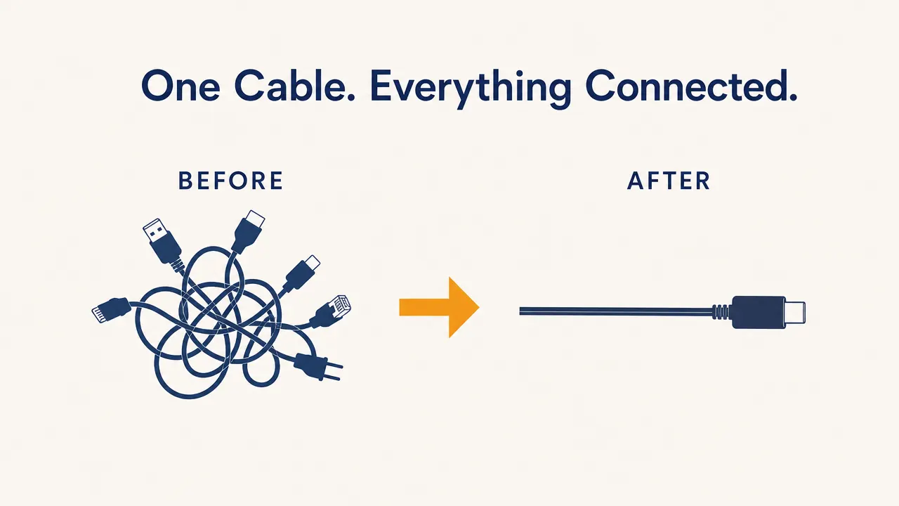 Before and after comparison: messy cable tangle on the left, single clean cable on the right
