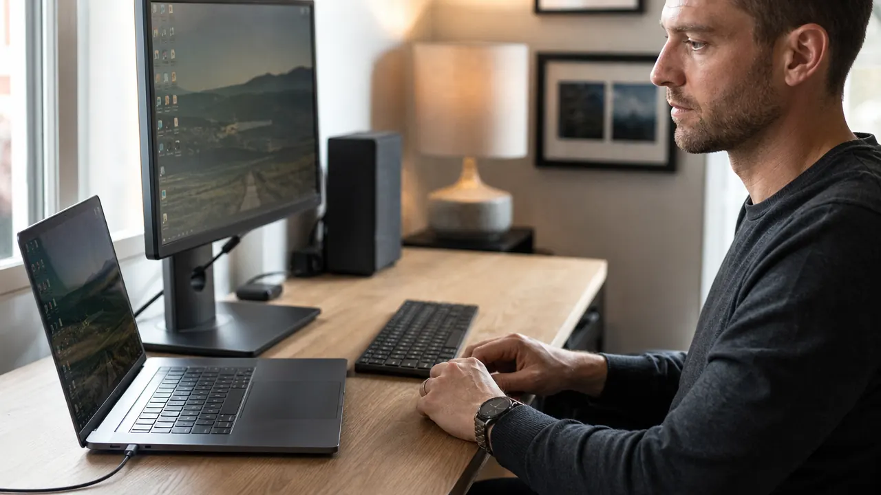 Tidy home office corner with a laptop connected to a single USB-C cable, monitor and keyboard visible on a clean desk
