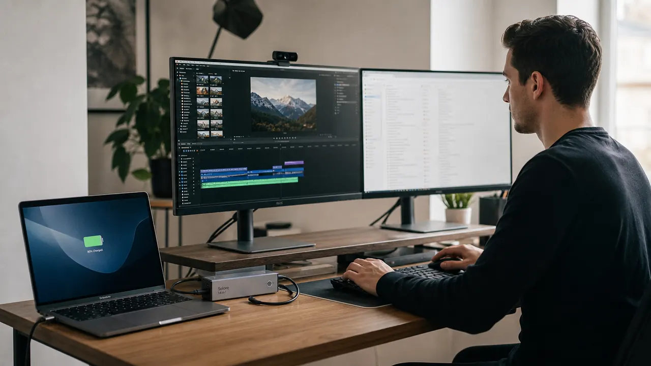 Selore 14-in-1 USB-C docking station on a clean home office desk with dual monitors connected and laptop charging